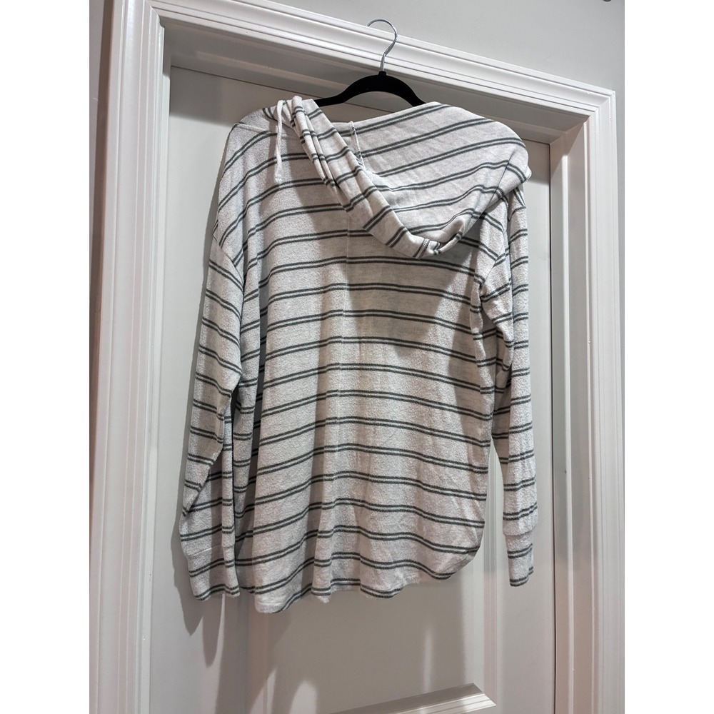 Market & Spruce Women White Grey Striped Knit Hoodie V-Neck Size L - Picture 2 of 6
